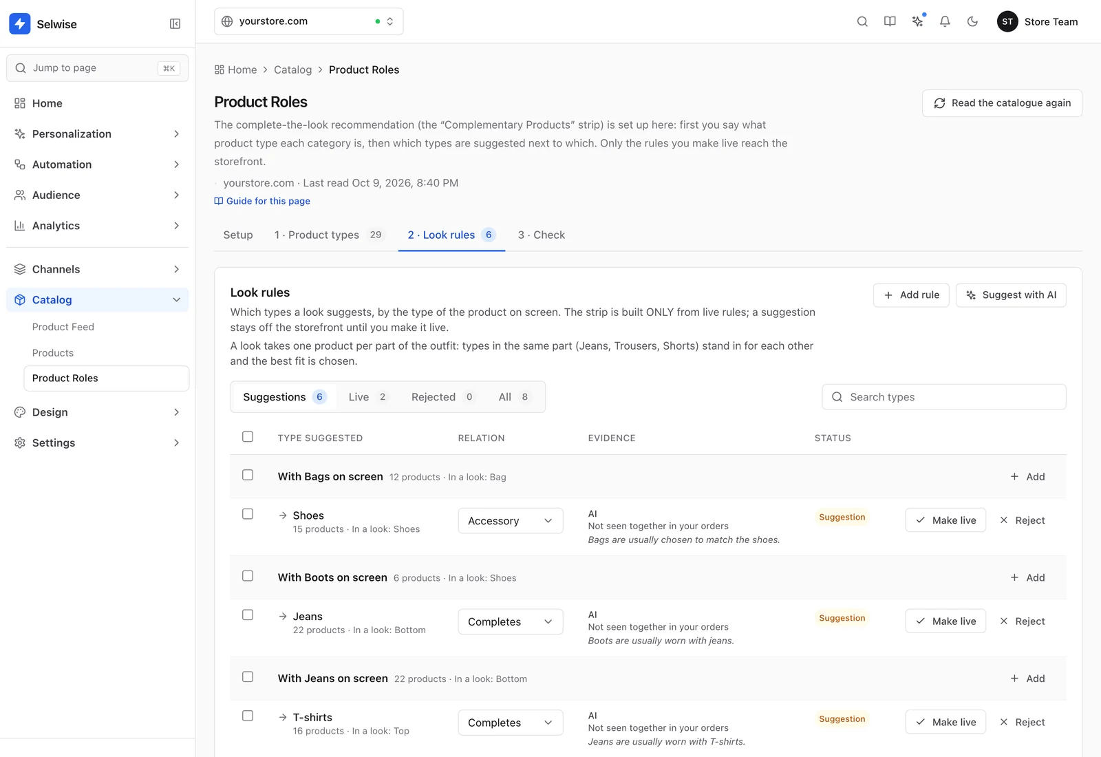 Product roles, outfit rules: the AI suggestions with their reasons, and the make-live and reject buttons