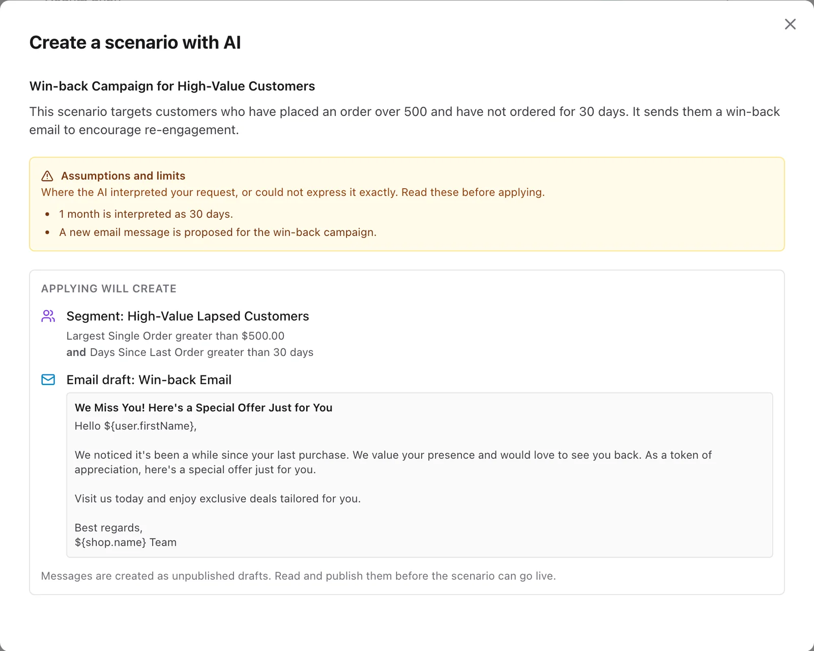 Creating a scenario with AI: the assumptions it made, the segment it proposes and the win-back email draft
